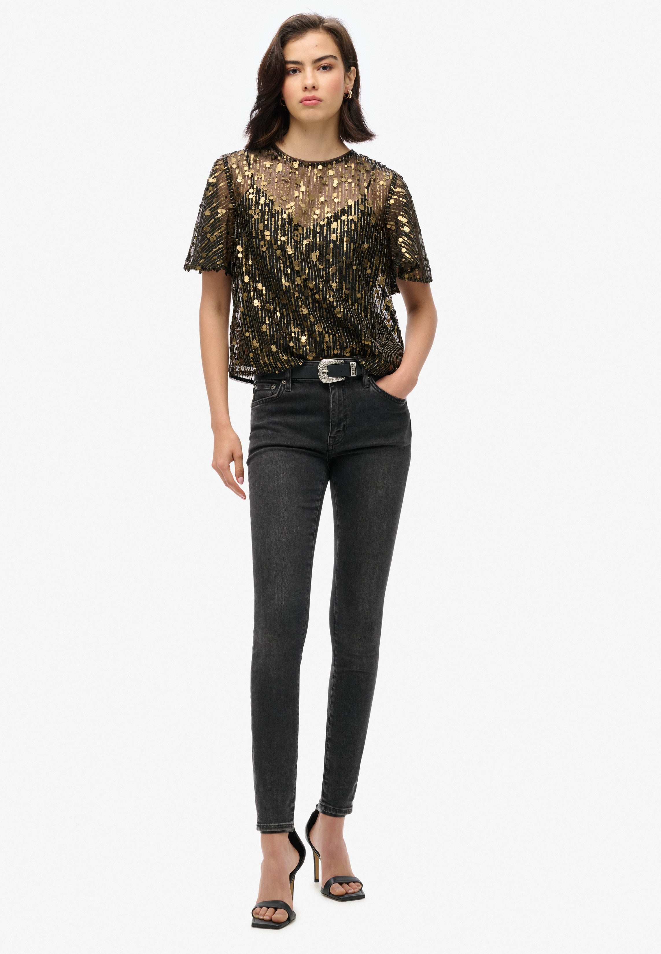 Sheer Short Sleeve Sequin Top | Brass Sequin
