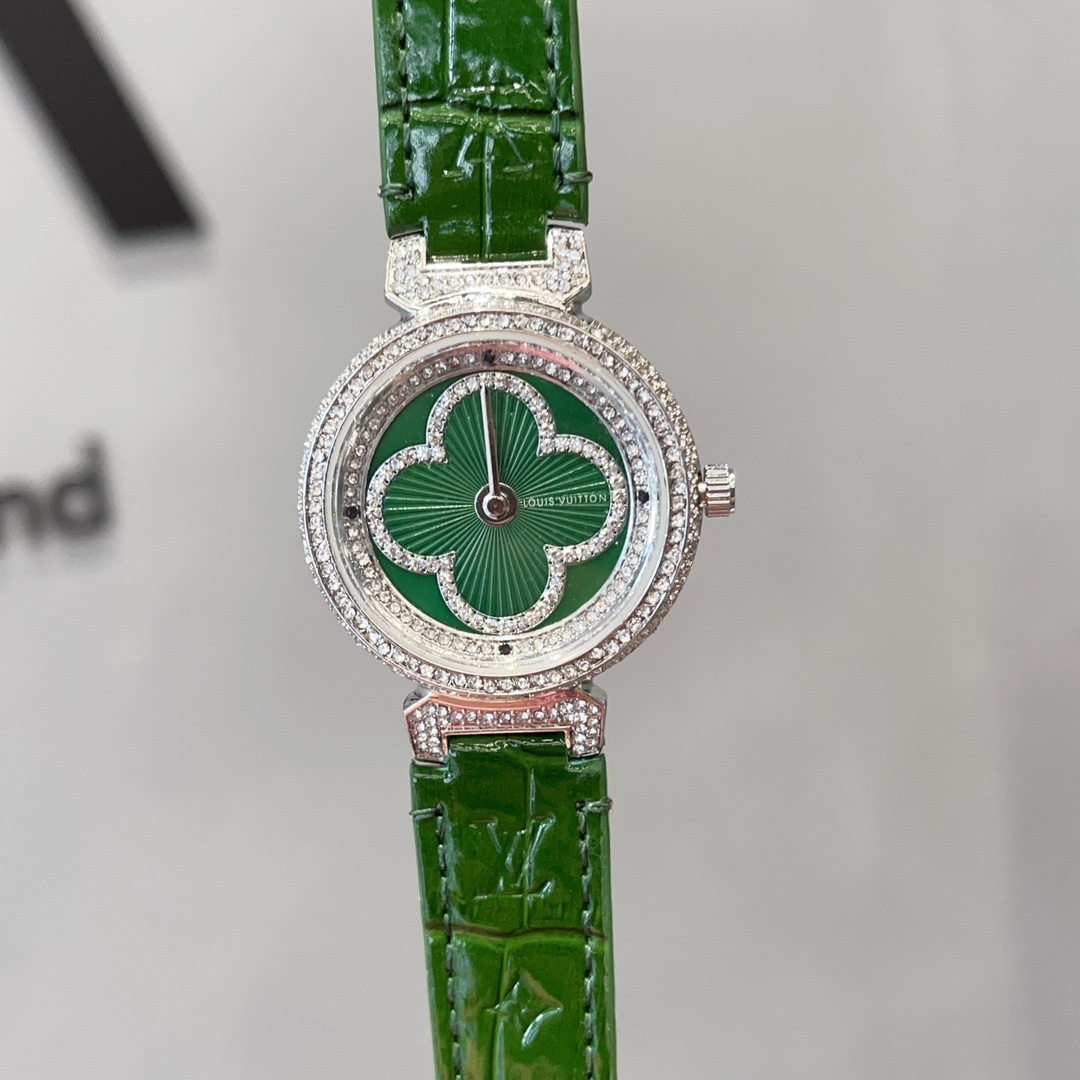 TOP Louis Vuitton LV Tambour Slim Monogram Lady Watch Leather 36mm - 4 Colours - Green Dial