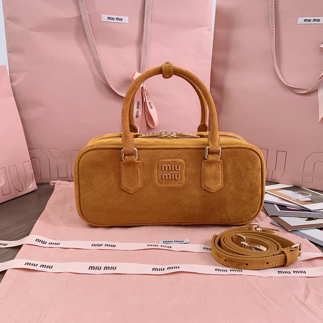TOP Miu Miu Arcadie Suede Top Handle Bag 22x10.5x7.5cm/27x12x9cm - Yellow,  Brown