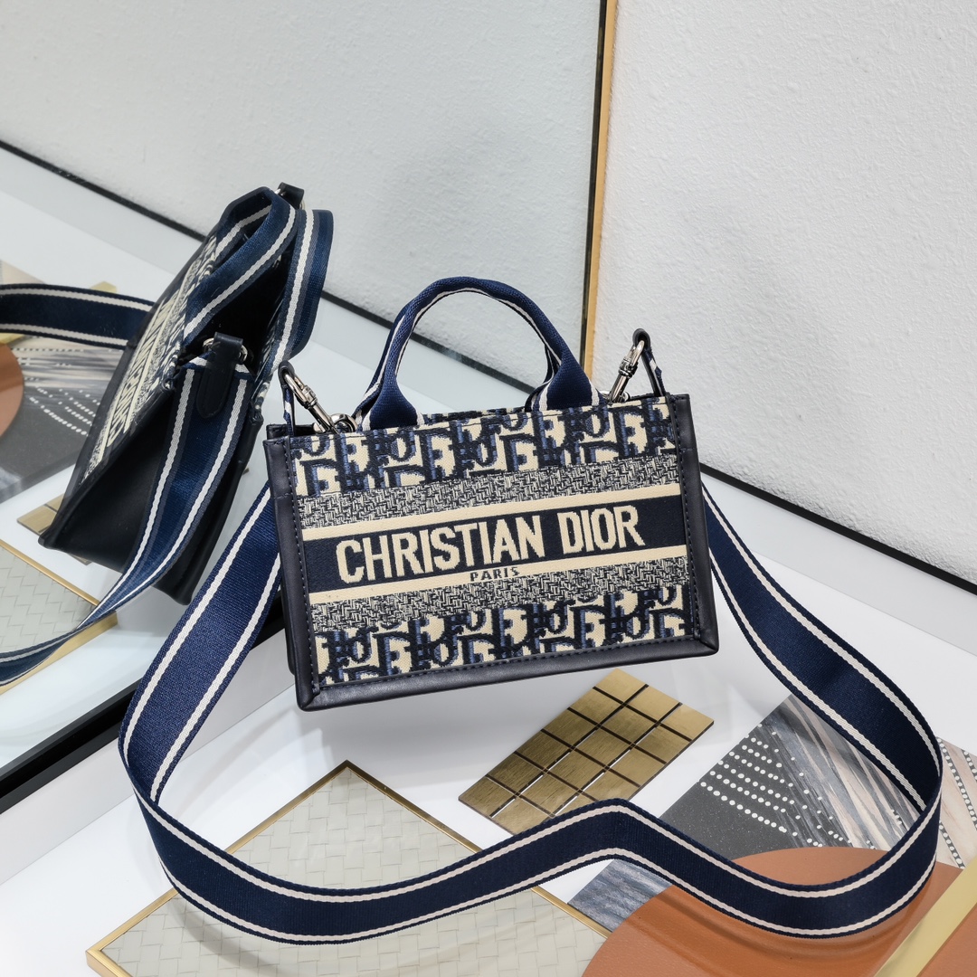 TOP Christian Dior Book Tote Bag Mini 21.5x13x7.5cm with Blue Print Embroidery