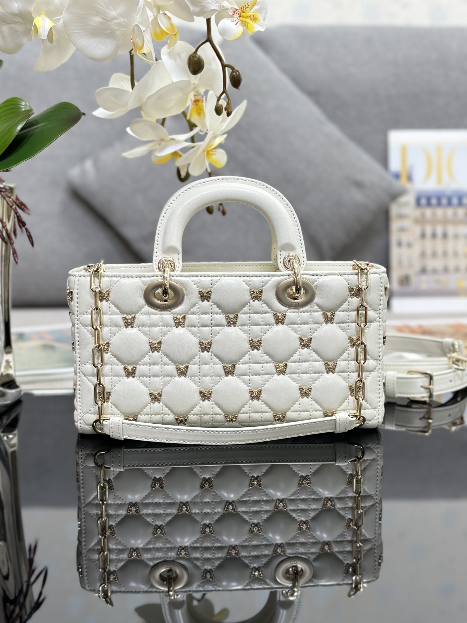 TOP Christian Dior Lambskin Butterfly Lady D-Joy Bags 26x13.5x5CM - Black/White - GHW