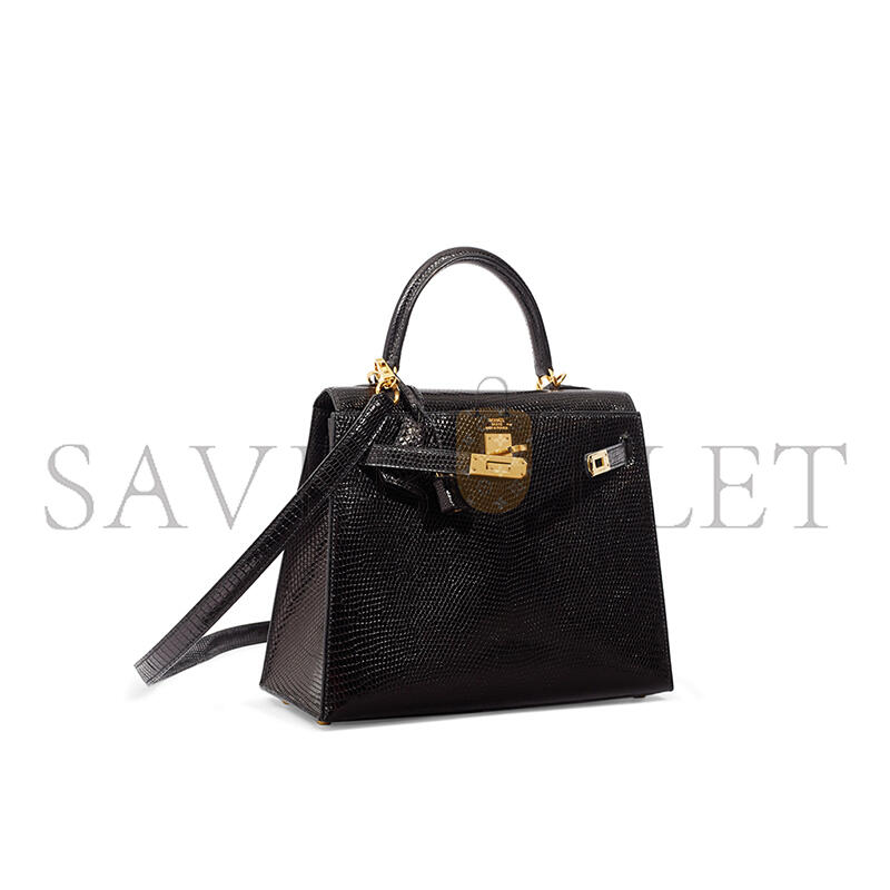 HERMÈS KELLY 25 BLACK LIZARD LEATHER GOLD BUCKLE (25*17*7cm)