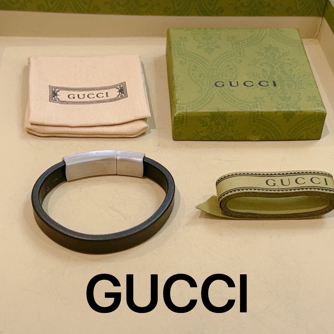 TOP GUCCI Plaid Cowhide Bracelet - Black