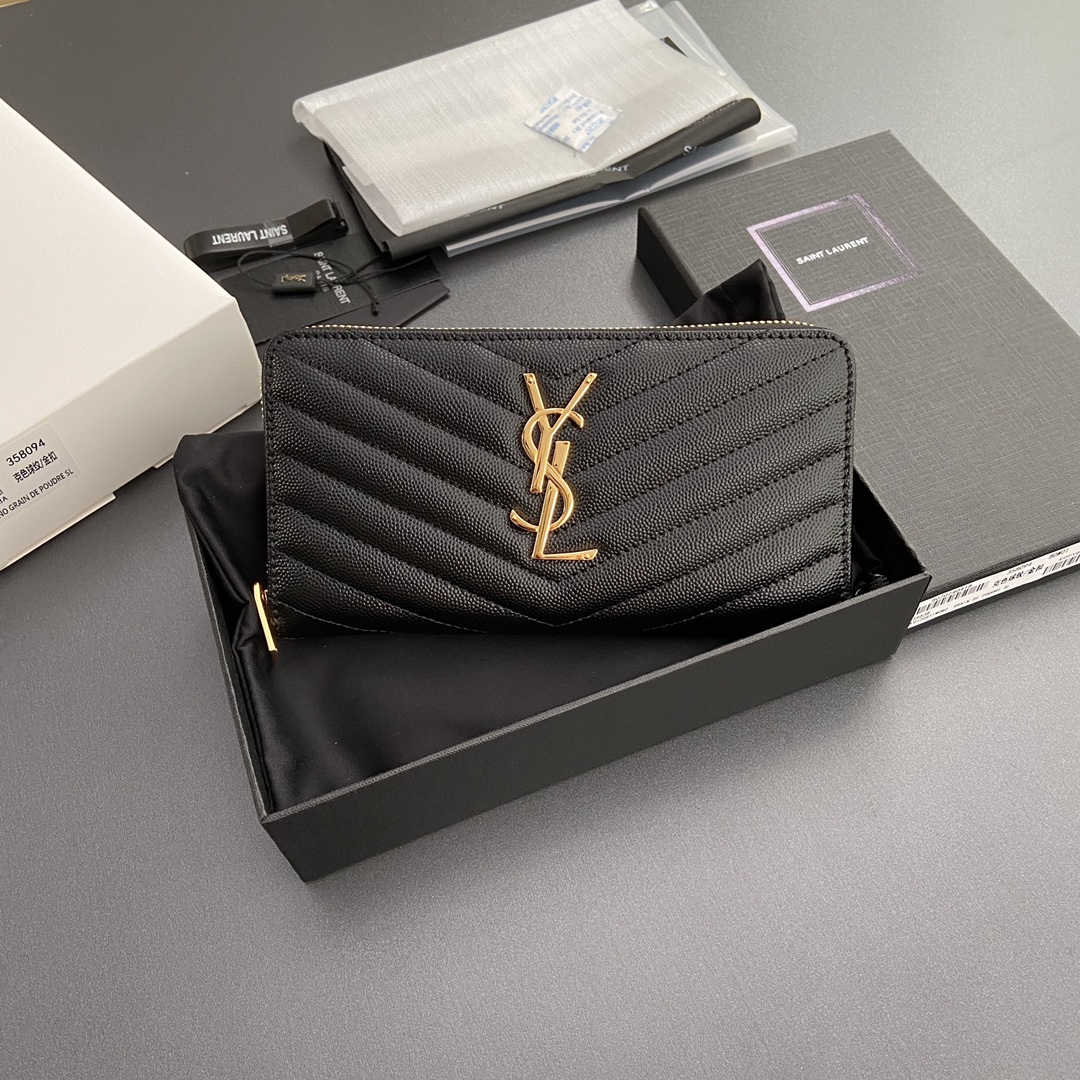 TOP Yves Saint Laurent YSL Calfskin Matelasse Wallet 19x9.5x2.5cm - Black & GHW