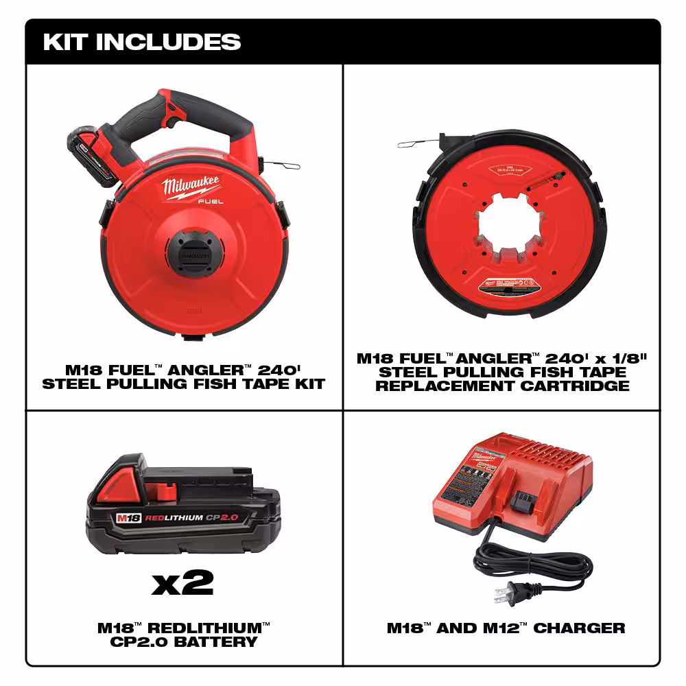 M18 FUEL 18V Lithium-Ion Brushless Cordless Angler 240 ft. Steel Pulling Fish Tape Kit W/ (2) 2.0Ah Batteries