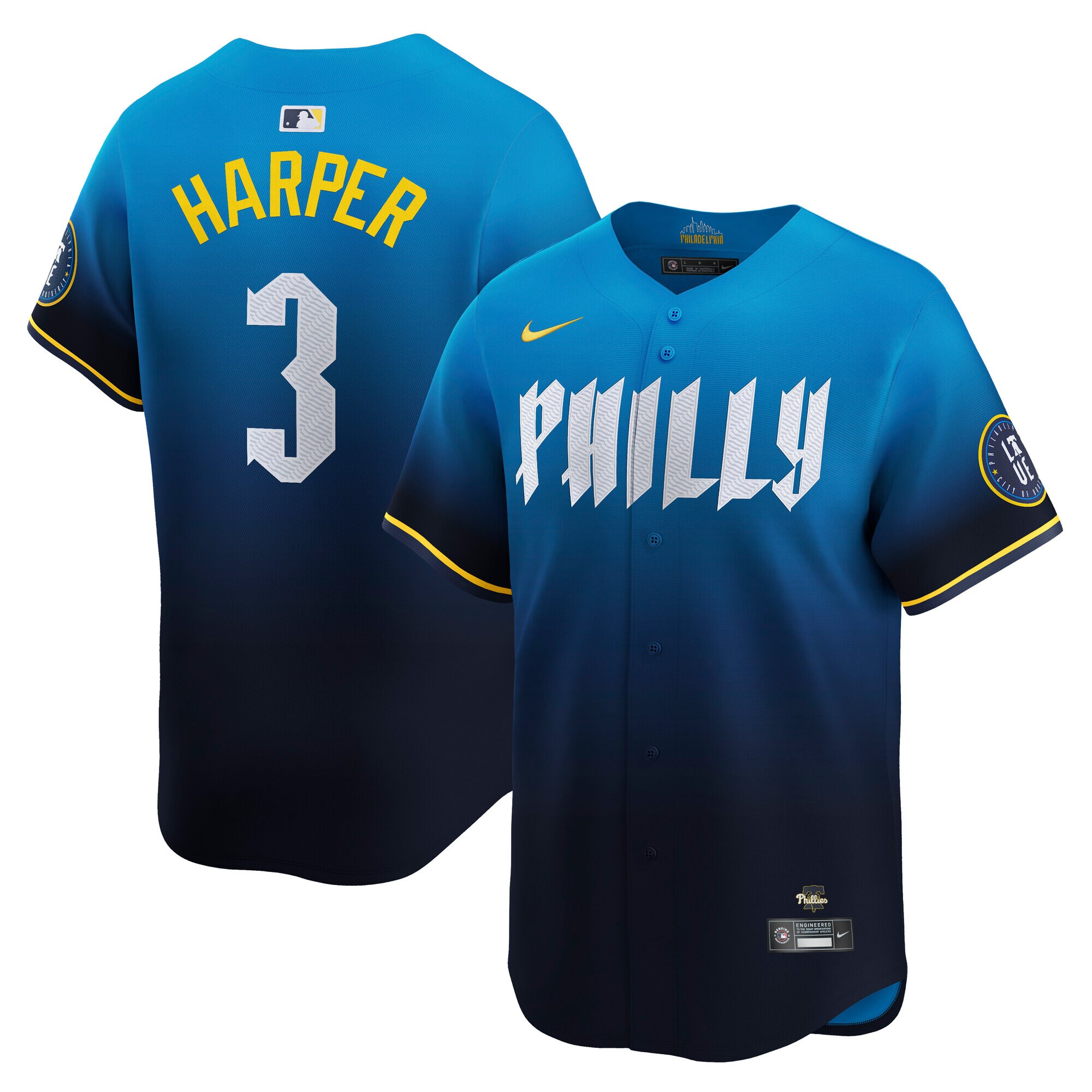 Men's Philadelphia Phillies Bryce Harper #3 Blue 2024 City Connect Limited Player Jersey