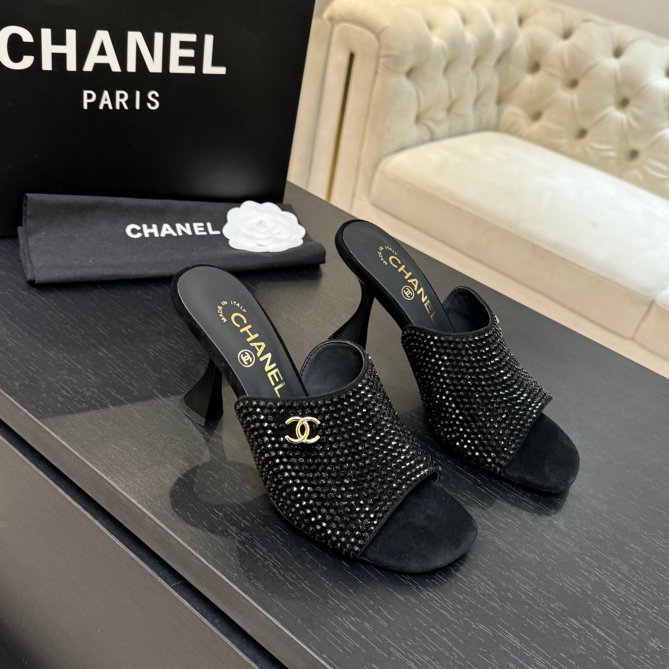 TOP CHANEL High Heel Sliders Embellished with Rhinestones - 3 Color