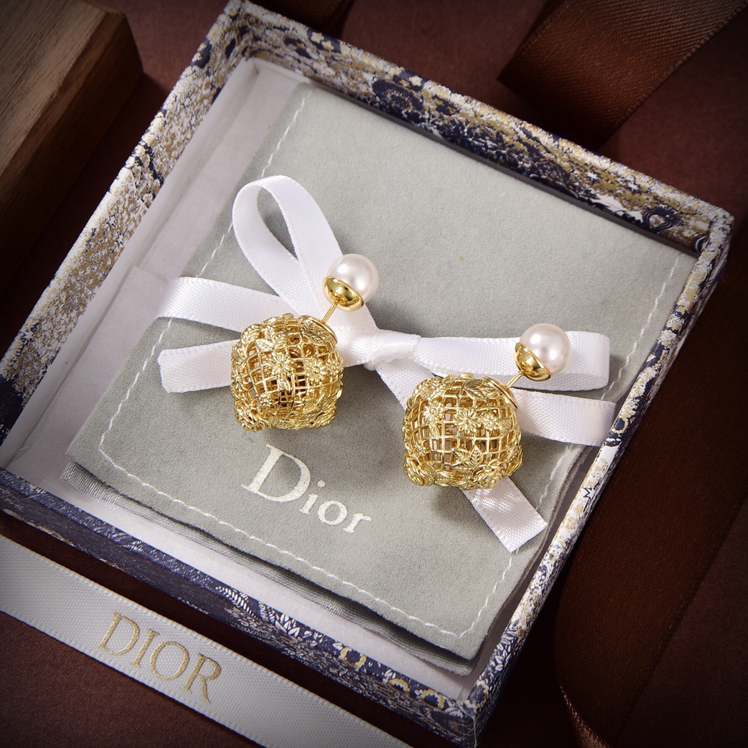 TOP Christian Dior CD Pearl Hollow Ball earrings - Gold