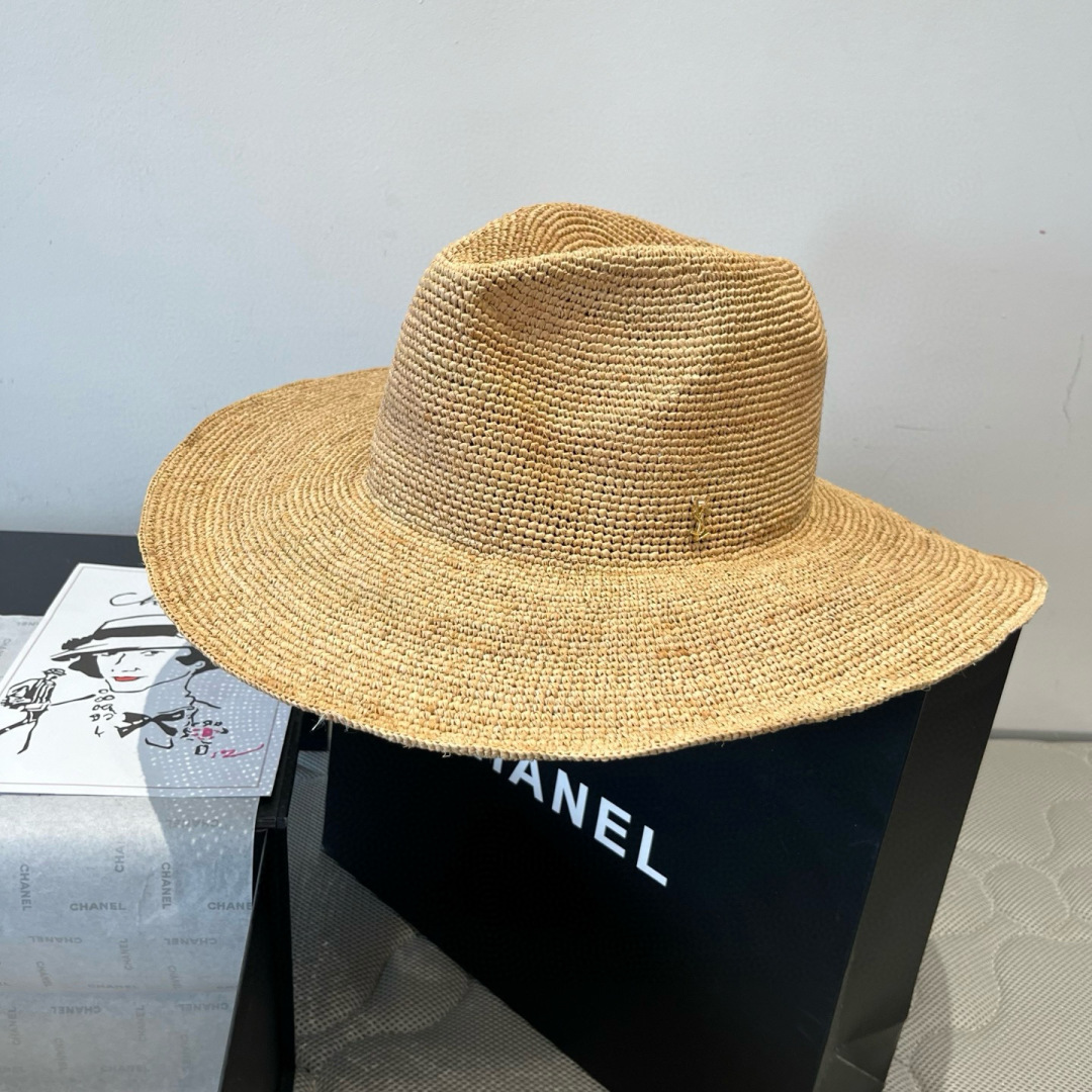 TOP Yves Saint Laurent YSL Raffia Basin Hat - Beige