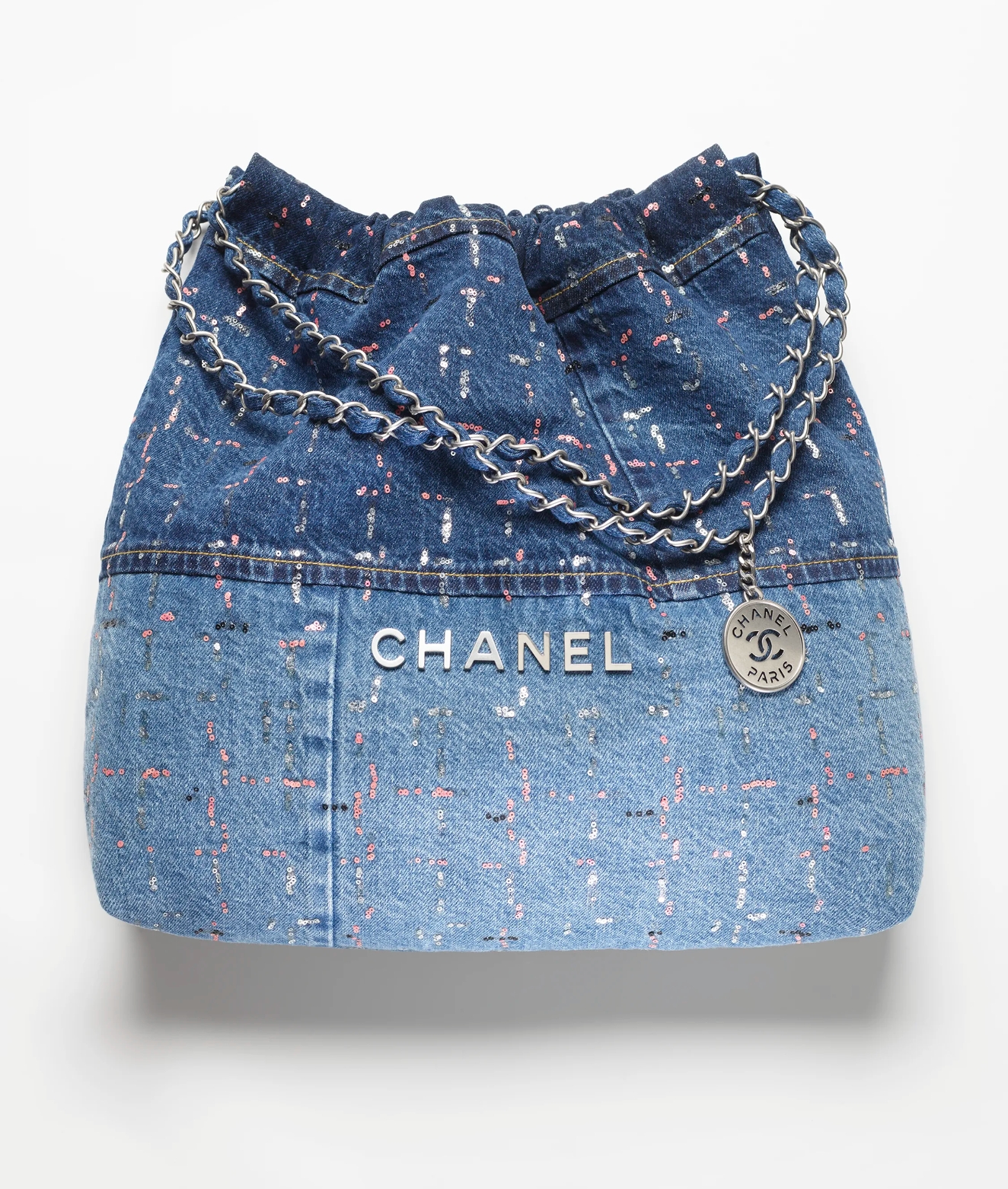 CHANEL 22 HANDBAG Denim Patchwork, Glitters & Silver-Tone Metal Light Blue, Blue, Pink, White & Dark Blue