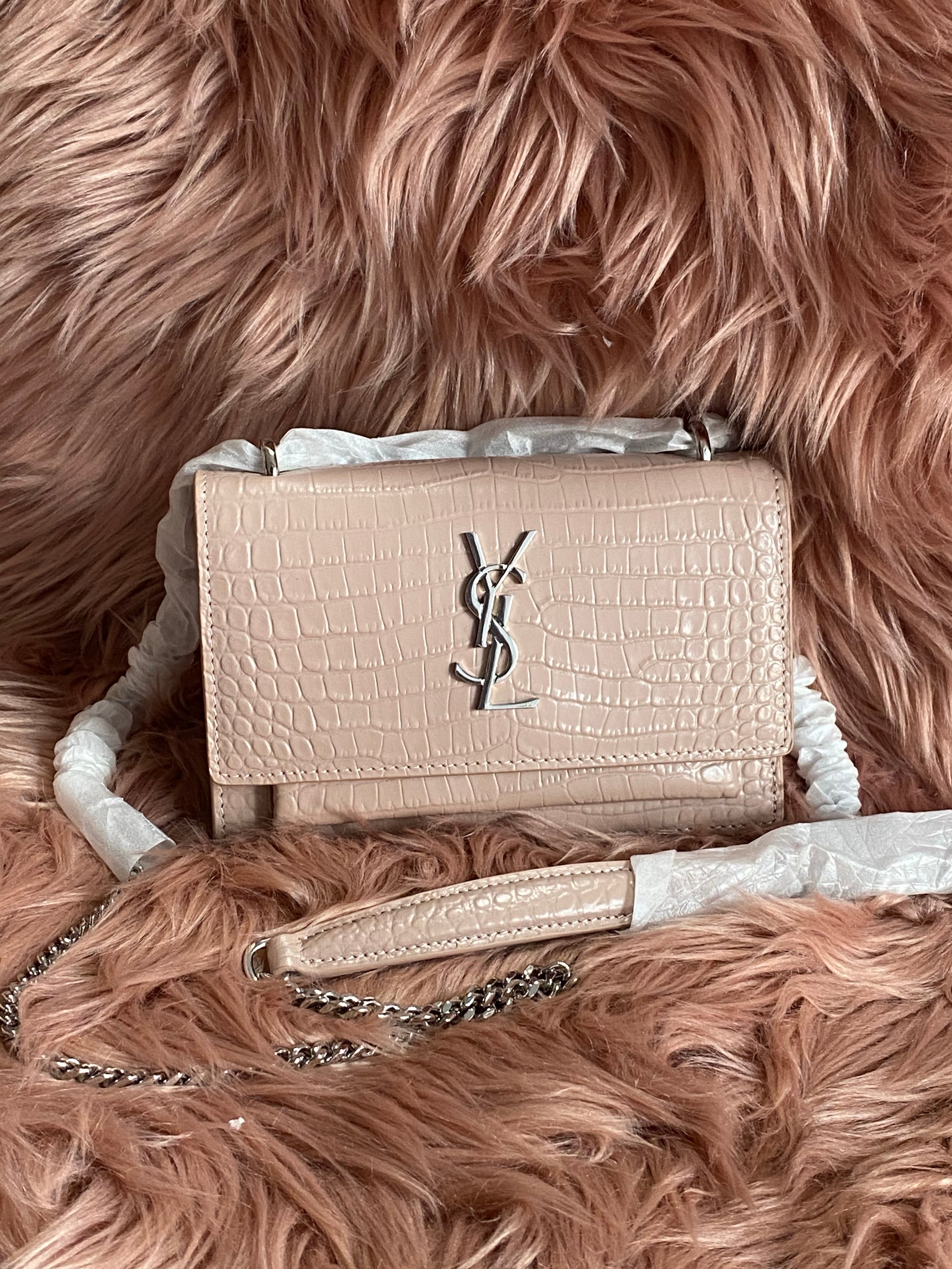 TOP Yves Saint Laurent YSL Pink Mini Monogram Sunset Croc Embossed Leather Shoulder Bag