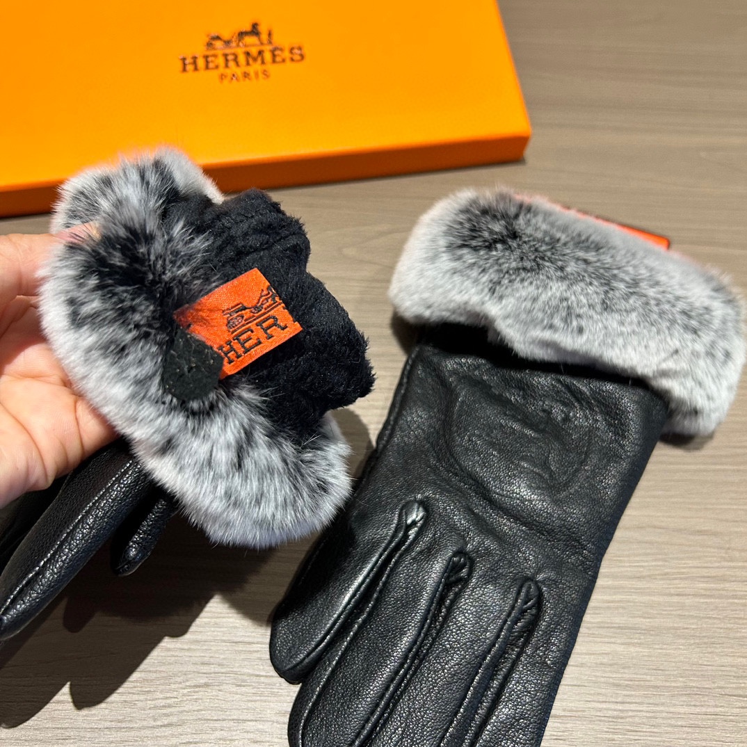 TOP HERMES  Gloves with Fur - Black