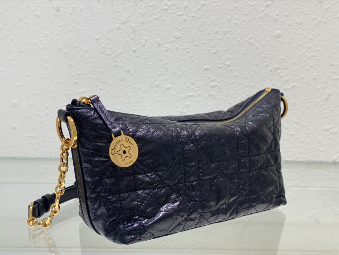 TOP Christian Dior Folded Calfskin Leather Hobo Bag 28.5x14.5x10cm - Black&GHW