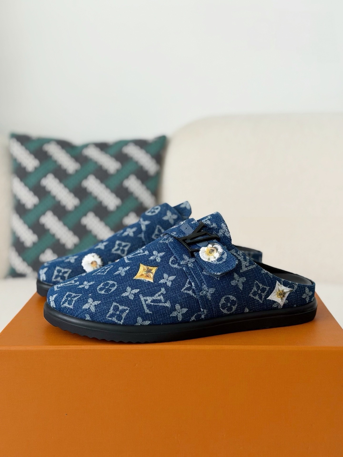AAAShoes Louis Vuitton Denim Mule Slippers, Monogram Denim With Floral Embroidery Adjustable Strap Backless Clogs For Men Women