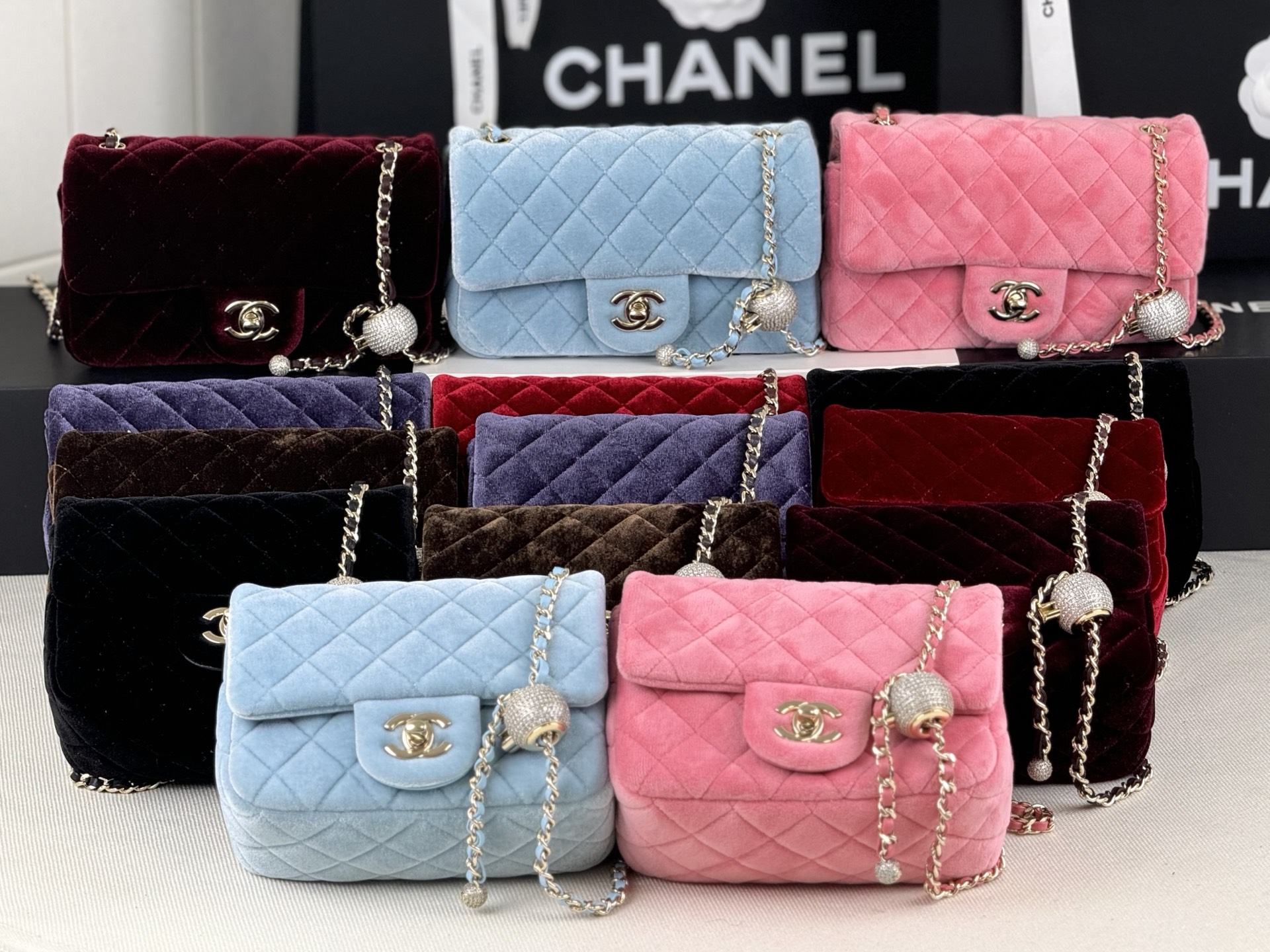 TOP CHANEL Classic Flap Bag Velvet with Diamond Ball 18x13x7cm/20x13x7cm - 7 Color
