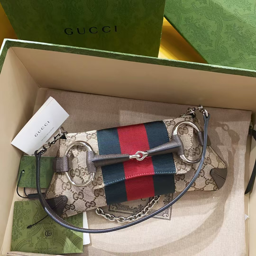 TOP GUCCI Small Horsebit Chain Shoulder Bag - 11.5 x  27 x 5 cm - Brown