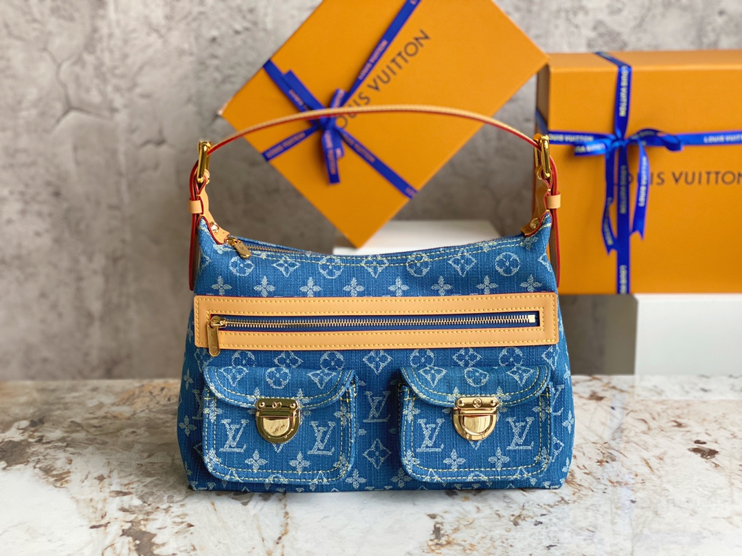 TOP Louis Vuitton LV 2005 Baggy PM Shoulder Bag 30×10×19cm- Blue