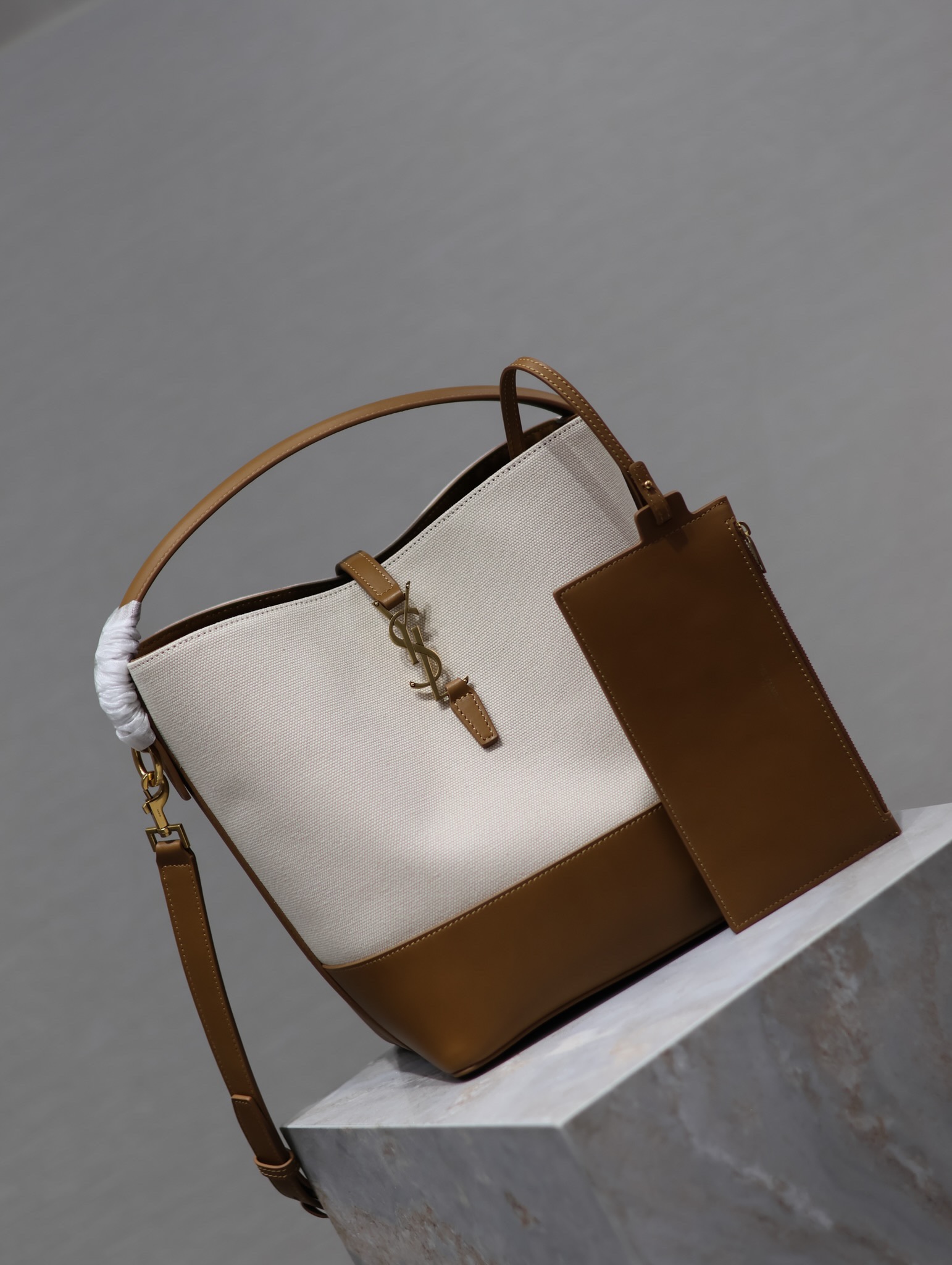 TOP Yves Saint Laurent YSL Le 5A7 Shoulder Bag Cowhide with Cotton and Linen 26x20x12cm - Khaki&Beige