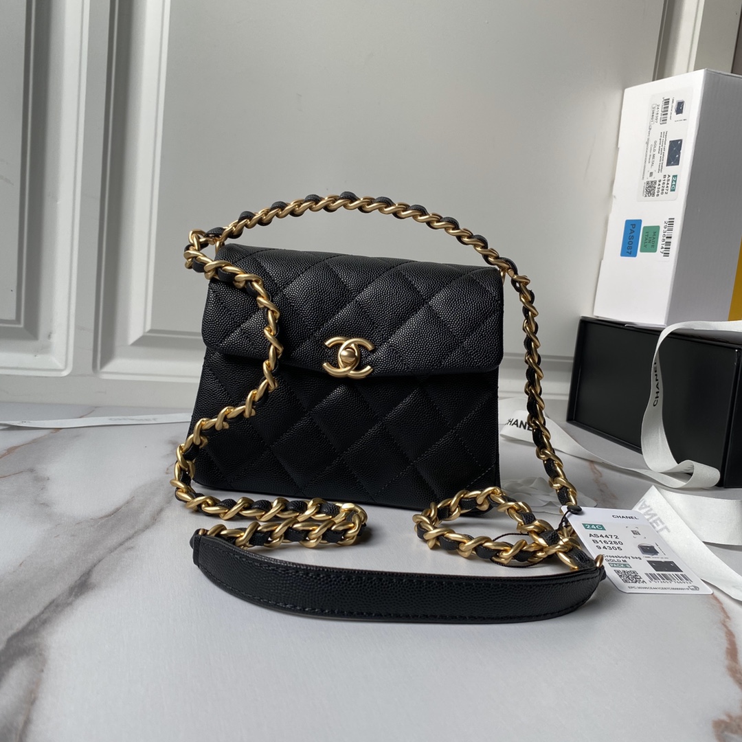 TOP CHANEL 24S Caviar Handbag 18cm - Black&GHW