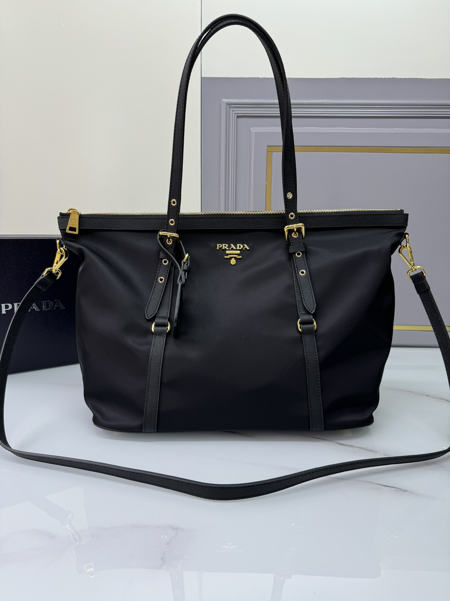 TOP PRADA Shopping Bag Waterproof Nylon & Cross-grain Cowhide 36x28x15cm - Black