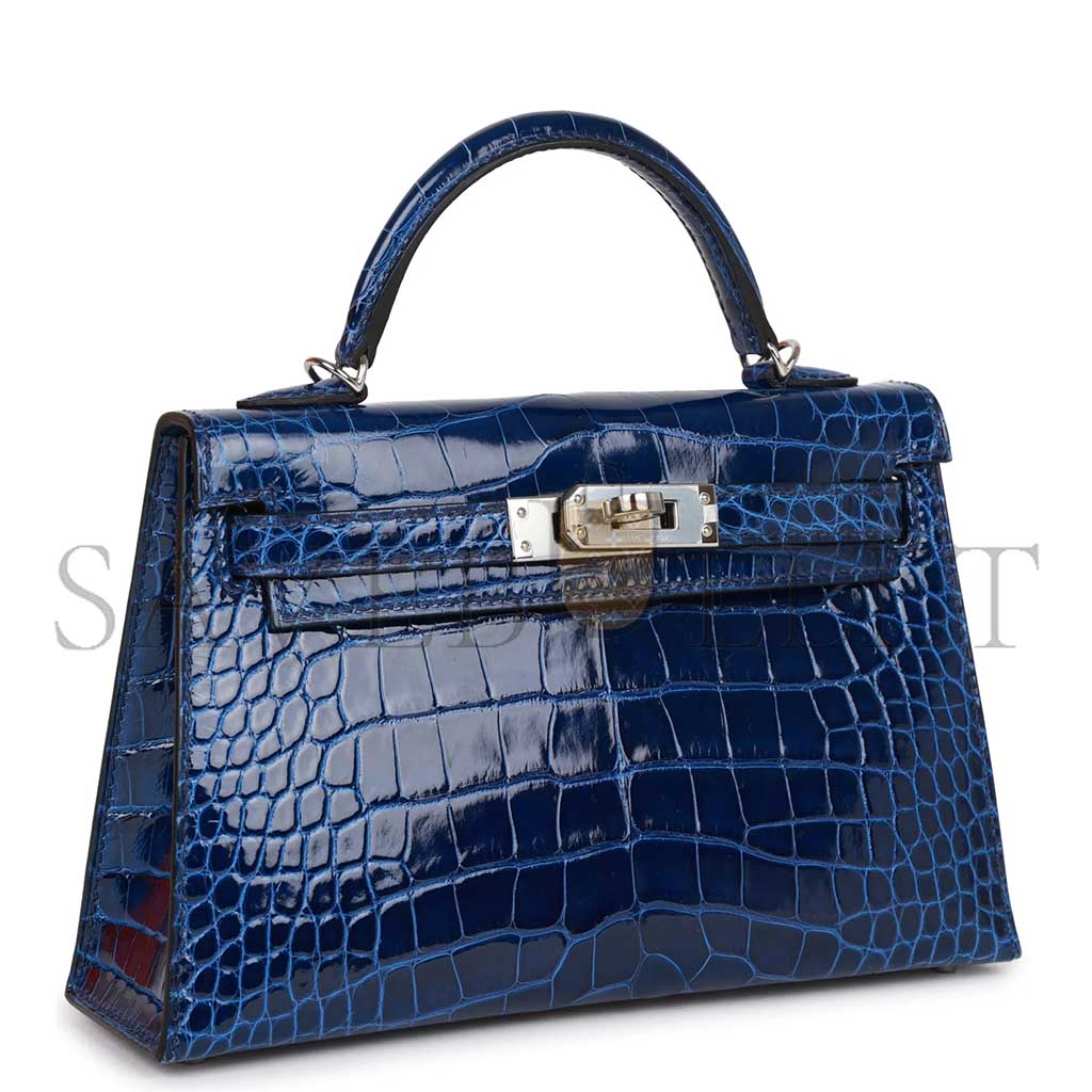 HERMÈS MINI KELLY II SELLIER BLEU SAPHIR SHINY ALLIGATOR PALLADIUM HARDWARE (19*12*5.5cm)