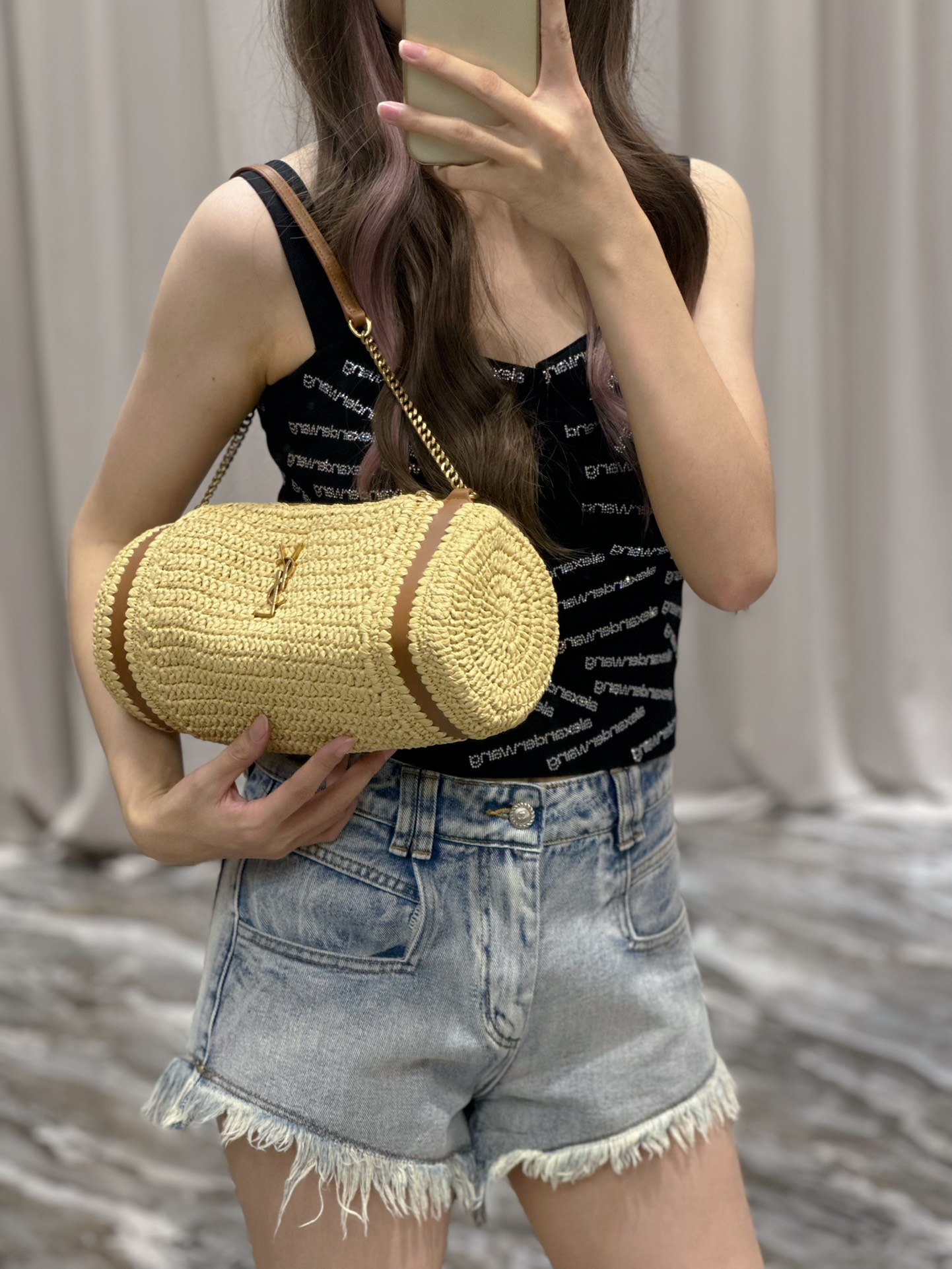 TOP Yves Saint Laurent YSL SADE_Raffia Straw Craft Cylinder Bag - Two Colors
