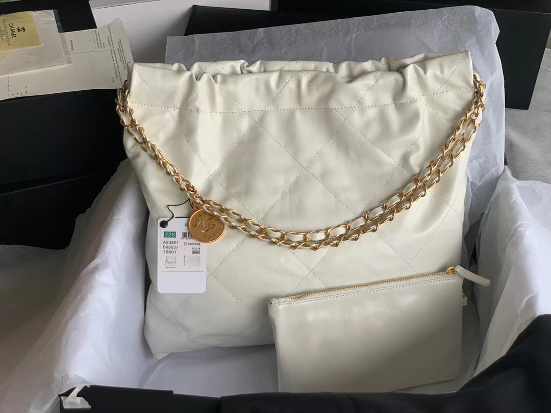 TOP CHANEL 22 Quilted Gold Chain Small Bag 35*30*8cm - White
