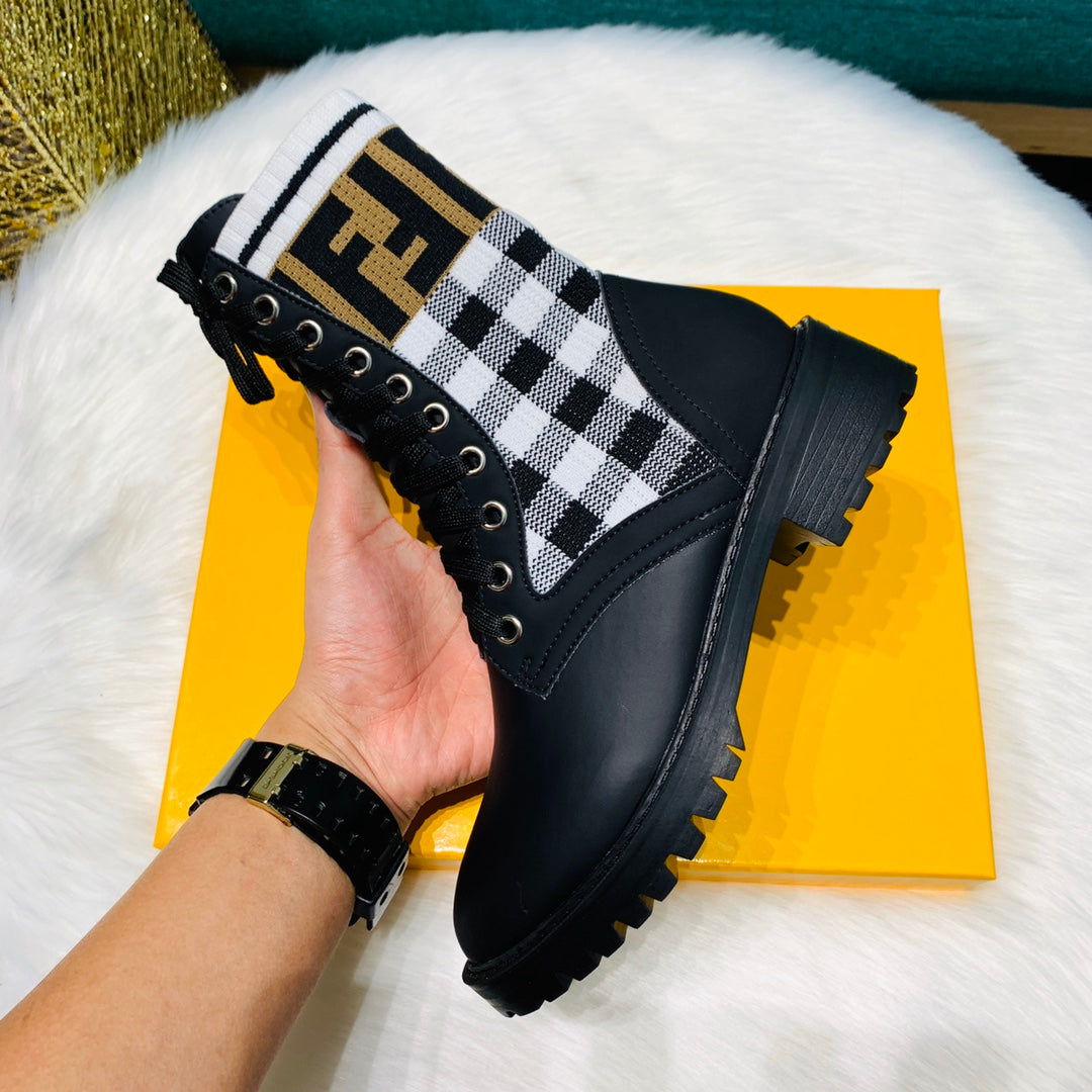 TOP FENDI Gingham Sock Lace Up Boots - Black and White Checkers