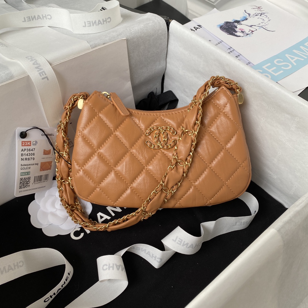 TOP CHANEL Hobo 23khobo Wrinkled Cowhide Bag - GHW&Brown - 13.5×23.5×5.3cm/12×20.5×4.5cm