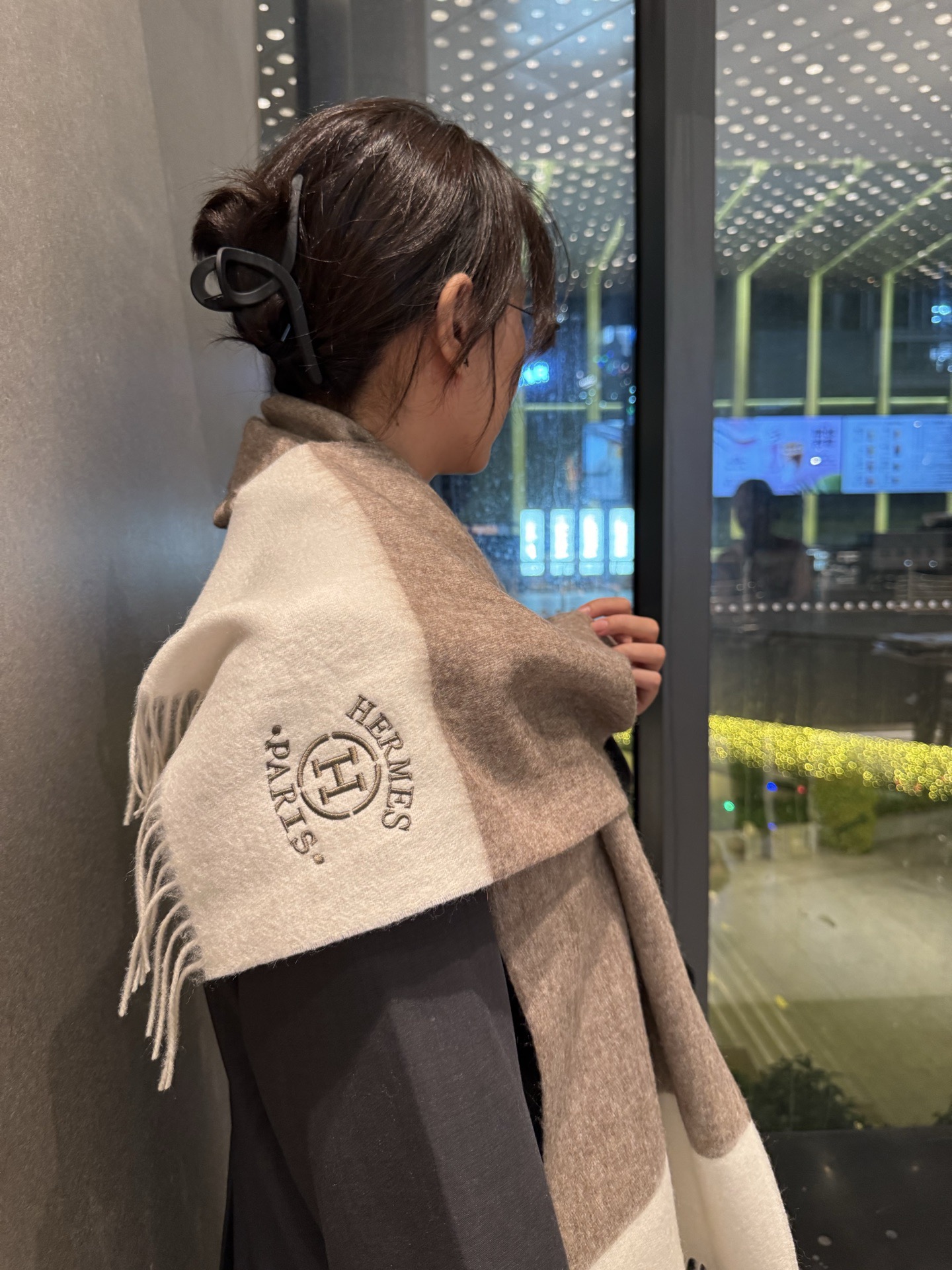 TOP HERMES Scarf with Embroidery Logo 35 x 190 cm - Gray and White