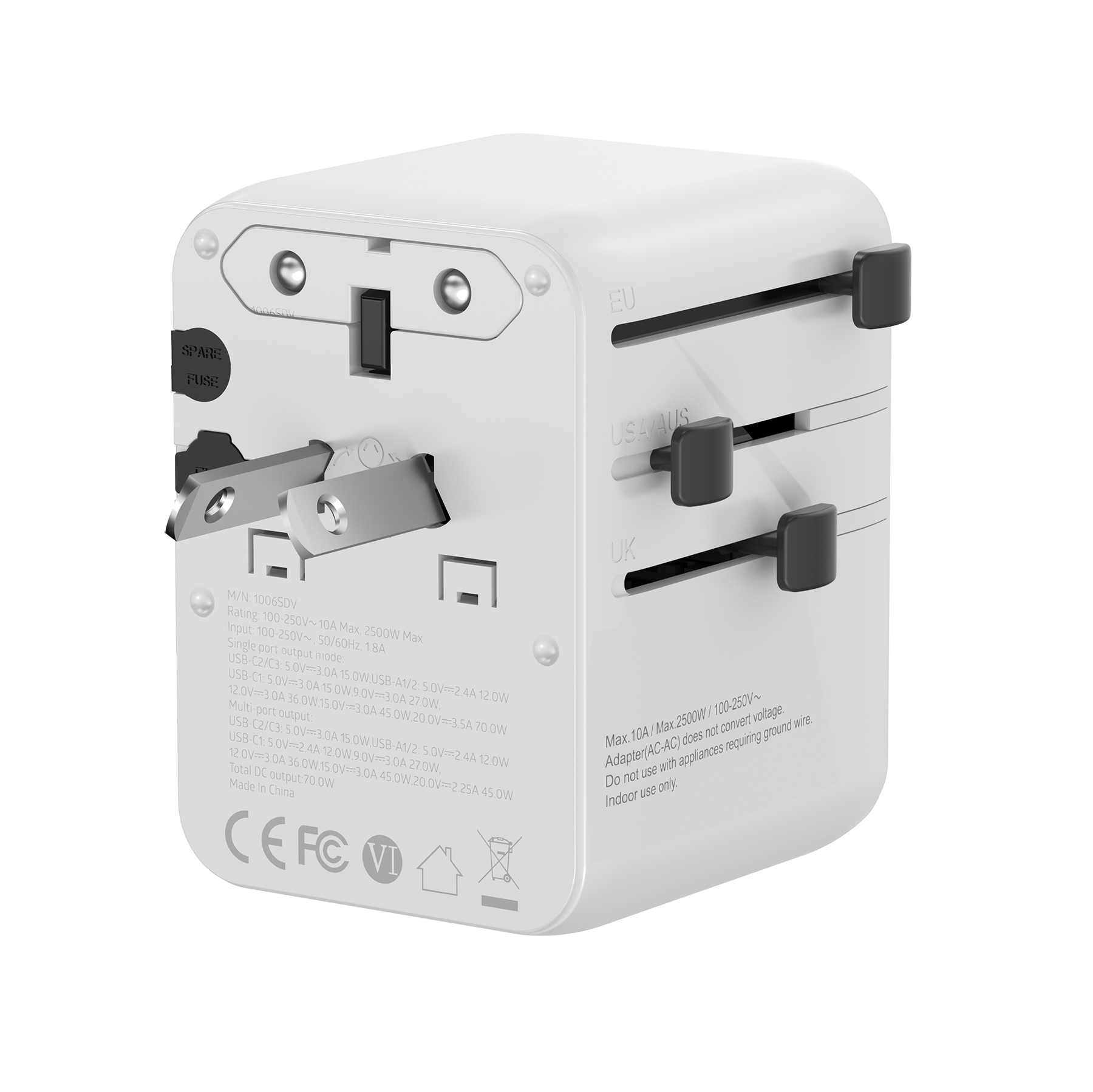 US UK EU AUS GaN 70W International Universal AC Adapter Travel Plug Adapter with Type C USB for Mobile Phone Tablet