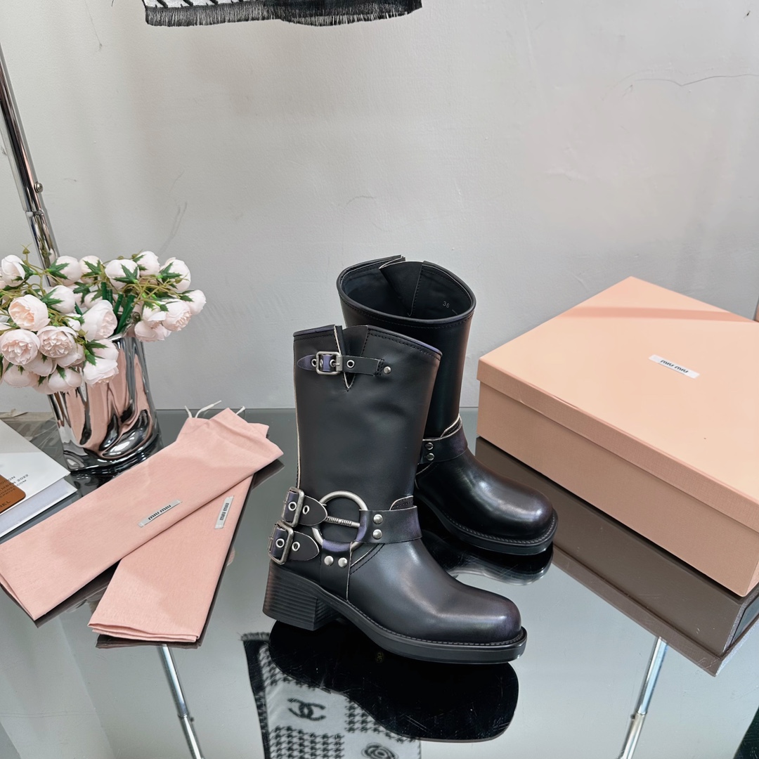 TOP Miu Miu Retro Western Catwalk Motorcycle Middle Boots - 3 Colors - Waxed Calfskin with 1 Buckle