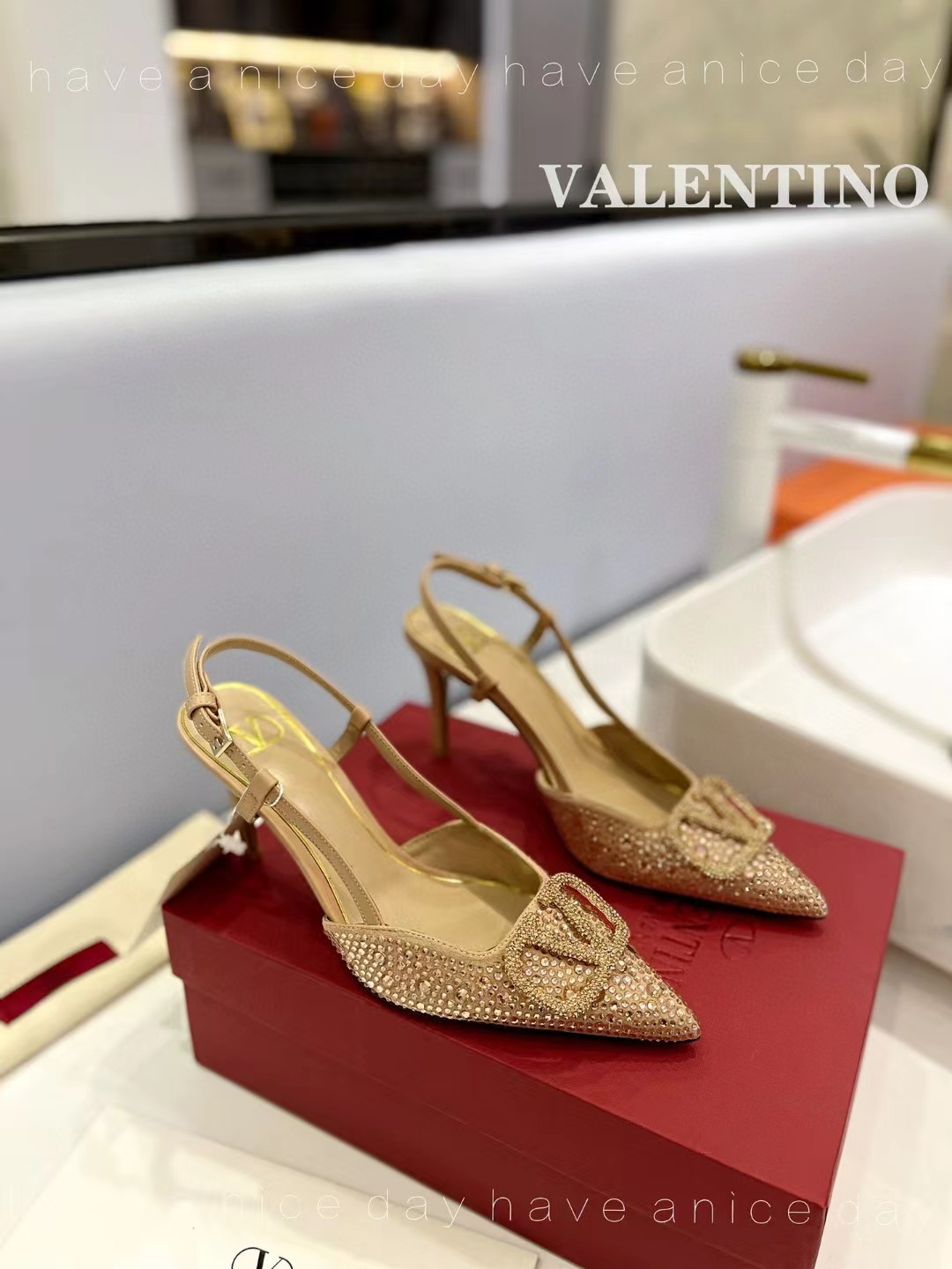 TOP VALENTINO VLogo embellished slingback pumps - Rose Gold