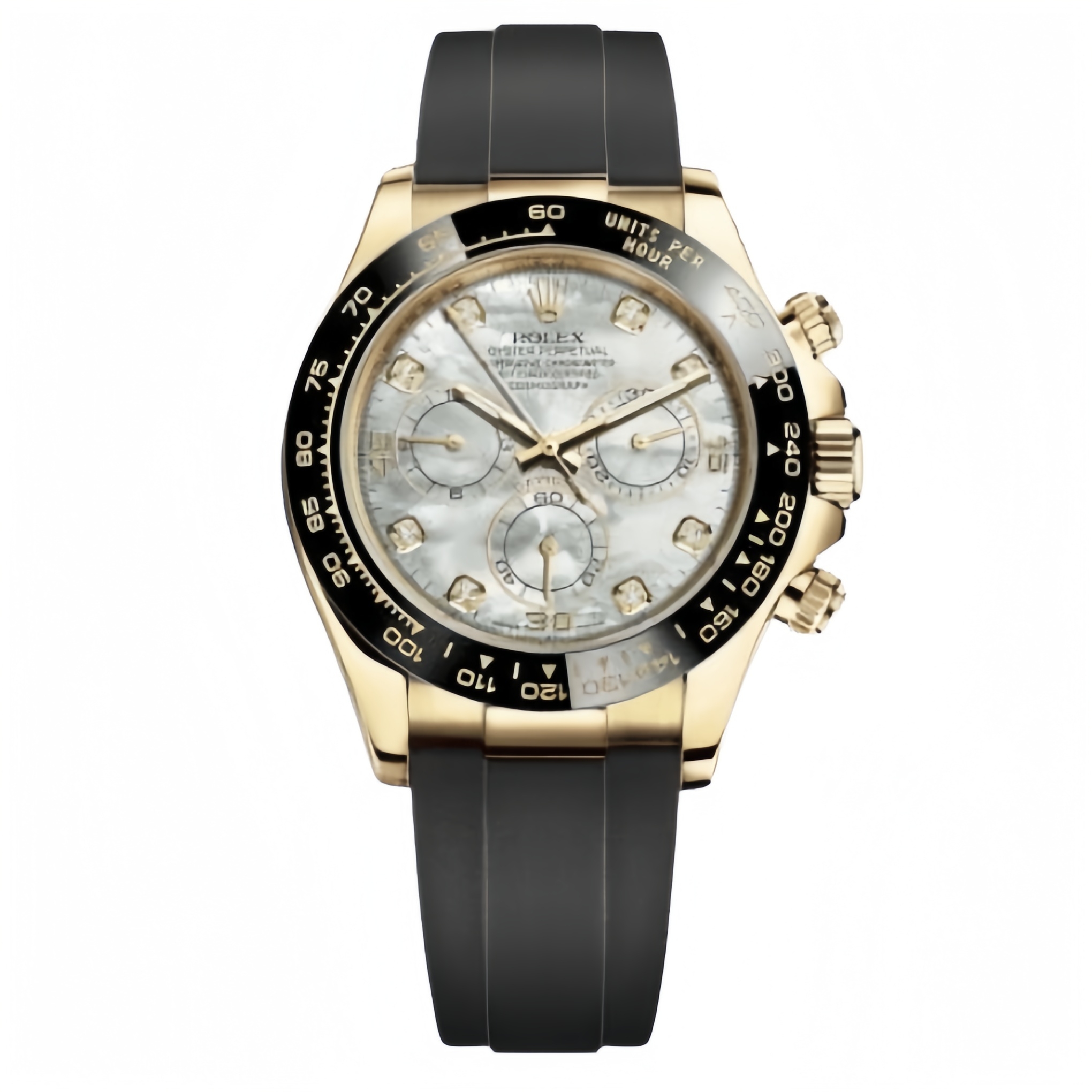 AAAWatch Rolex Cosmograph Daytona Men’s Chronograph Watch, MOP Diamond‑Set Dial, Yellow Gold Case, Black Ceramic Bezel, Oysterflex Rubber Strap Luxury Automatic Wristwatch