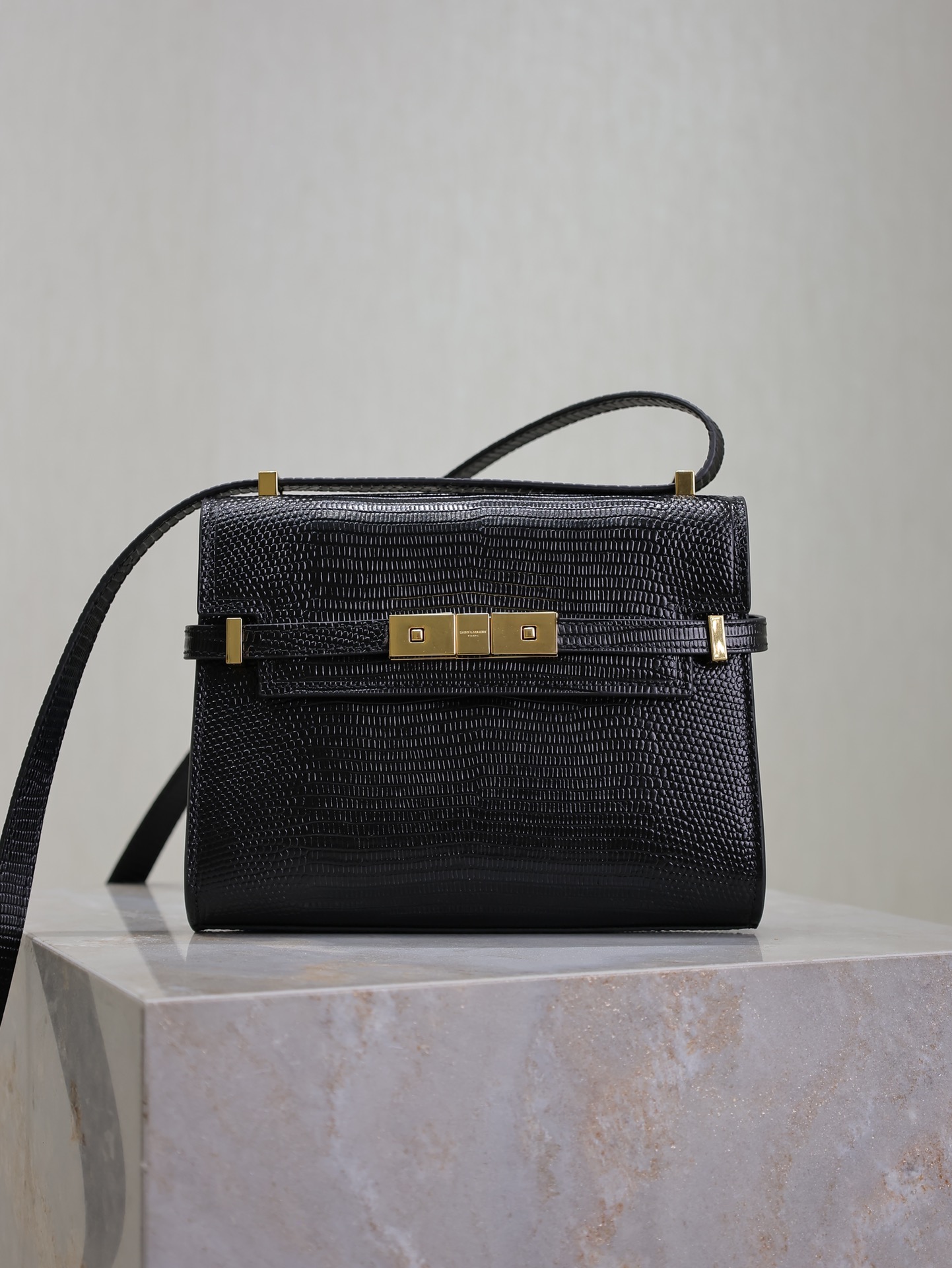 TOP Yves Saint Laurent YSL Manhattan Lizard Pattern Crossbody Satchel Bag 19×14×4cm - Black&GHW
