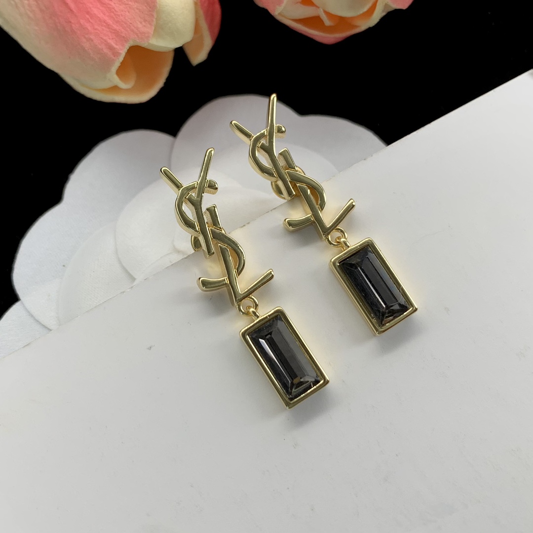 TOP Yves Saint Laurent YSL Metal Gemstone Stud Earrings - YSL