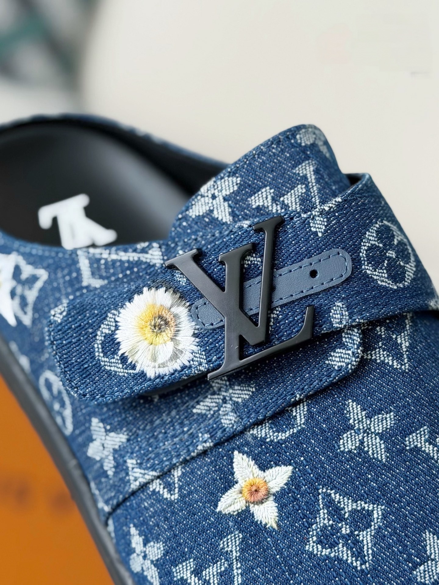 AAAShoes Louis Vuitton Denim Mule Slippers, Monogram Denim With Floral Embroidery Adjustable Strap Backless Clogs For Men Women
