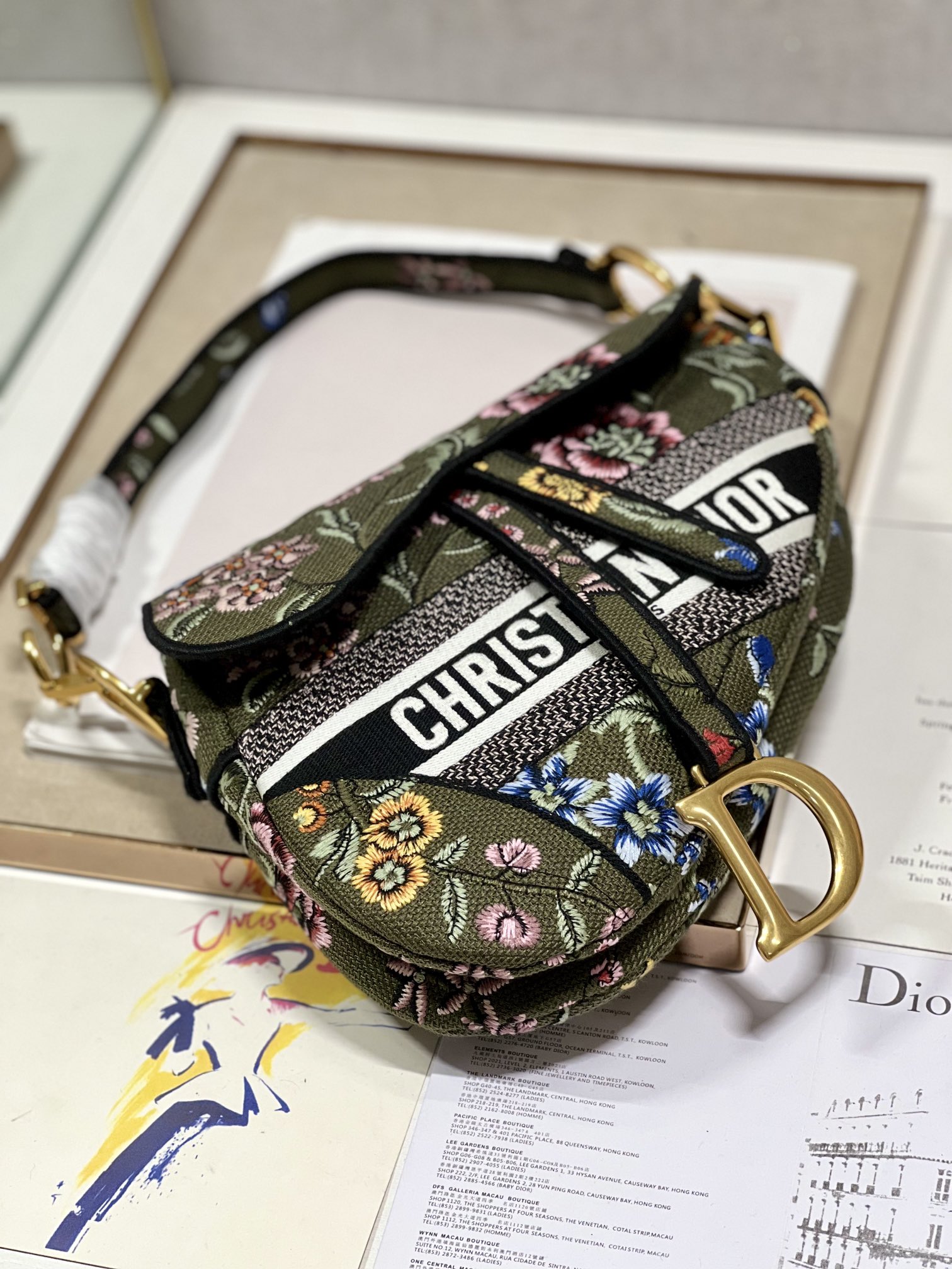 TOP Christian Dior Saddle Bag 25 cm - Flowers Green