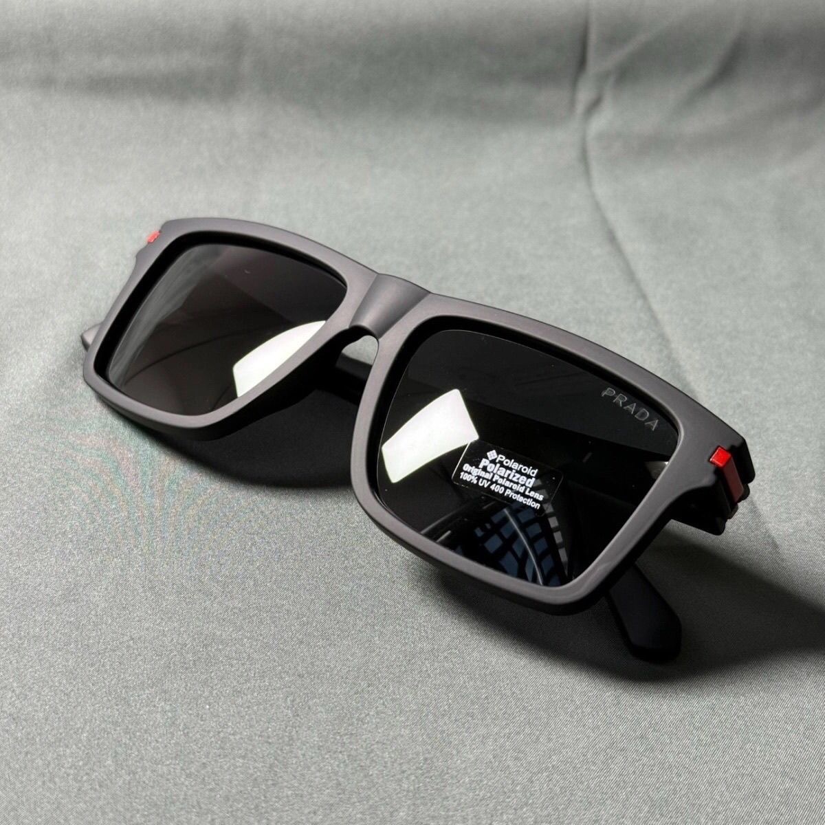 Prada Men's Square Polarized Sunglasses Matte Black Frame Red Logo Temple UV400 Eyewear