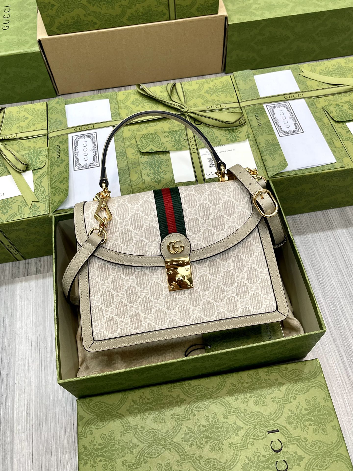TOP GUCCI G*G Ophidia Small Top Handle Bag - Beige