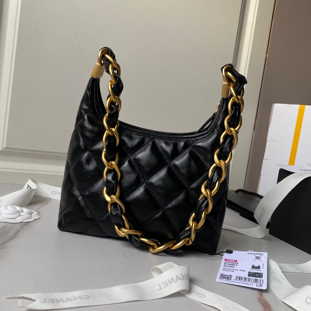TOP CHANEL Waxed Lambskin Hobo Bag 22.5×19.5×8.5cm/38×20×10.5cm - Black