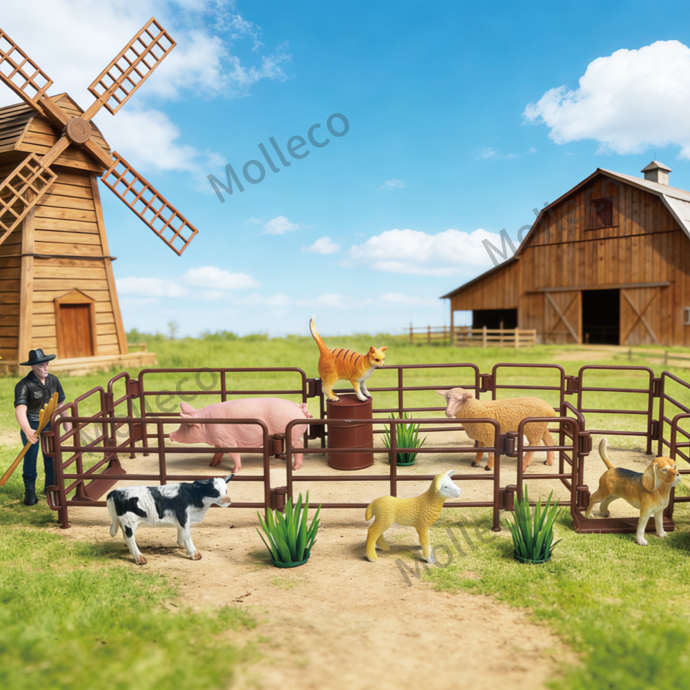 Molleco Animal Figure Toy Set for Kids and Children ST079 12 Animals + Farmer + Feeding Shed + Props