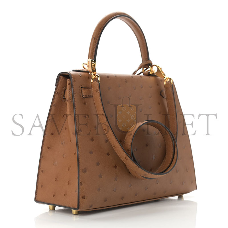 HERMÈS KELLY 25 OSTRICH LEATHER VELVET GREEN AND ROYAL BLUE BRUSHED GOLD BUCKLE (25*17*7cm)
