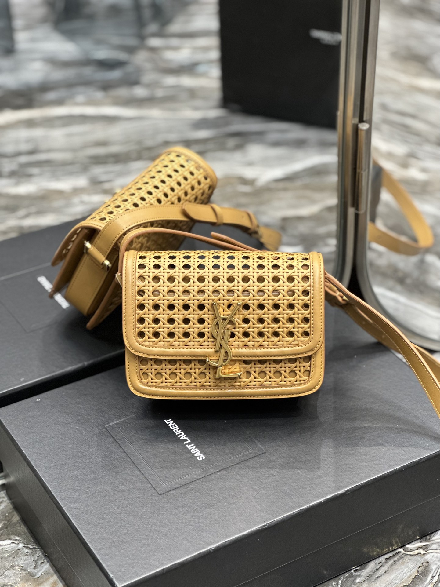 TOP Yves Saint Laurent YSL Bamboo And Woven Cowhide Solferino Bags - Apricot&GHW