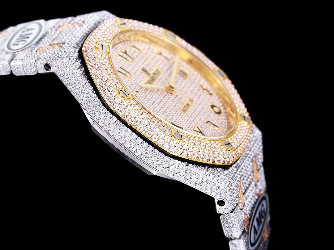 AAAWatch Men Iced‑Out Full Paved Crystal Automatic Wrist Watch, Two‑Tone Gold Silver Octagonal Case Stainless Steel Bracelet Hip‑hop Luxury Watch with Date Display