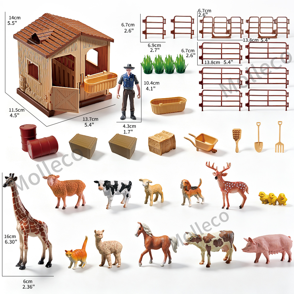 Molleco Animal Figure Toy Set for Kids and Children ST079 12 Animals + Farmer + Feeding Shed + Props