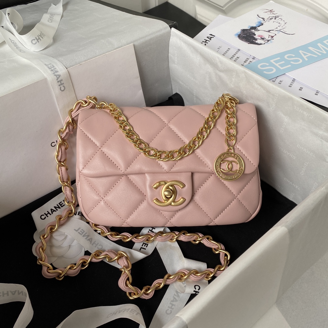 TOP CHANEL Mini Square Adjustable Coin Chain Flap Bag SS21 12x21x7 cm - Pink