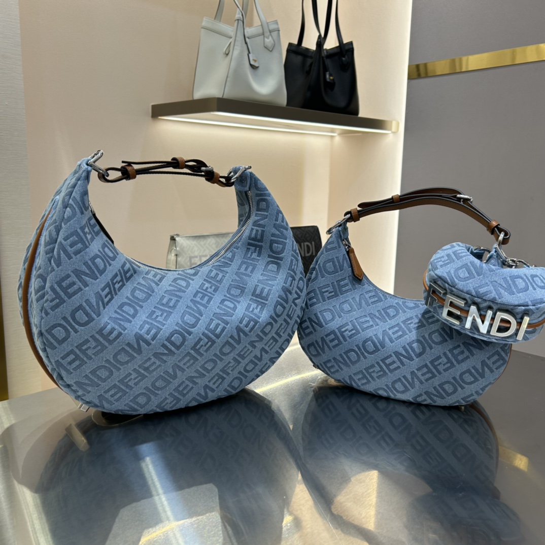 TOP FENDI Classic Metal Logo Fendigraphy Bags - 3 Sizes - Denim Blue&SHW