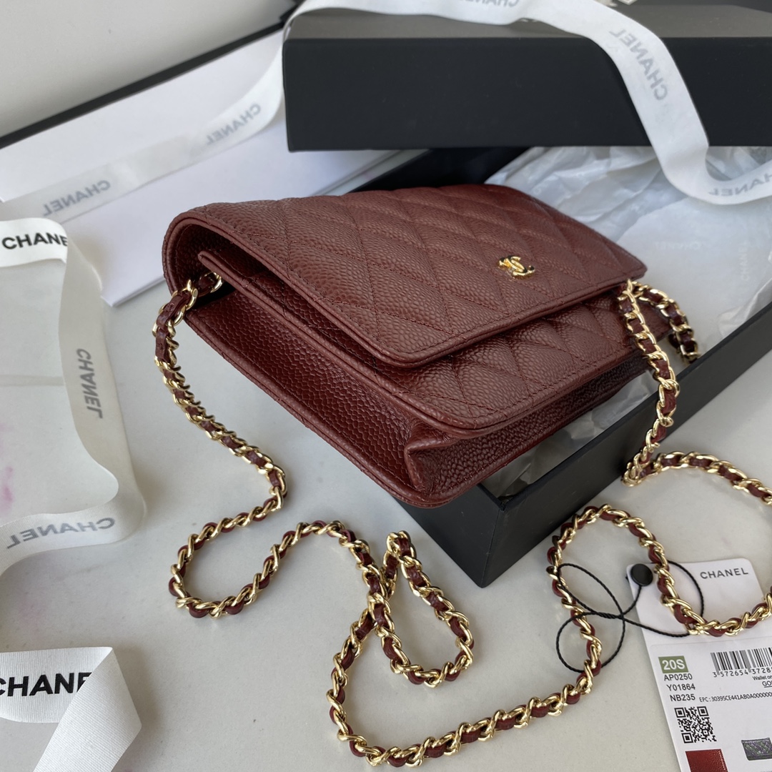 TOP CHANEL WOC Bag Lychee Leather small logo 19 cm - Red & GHW