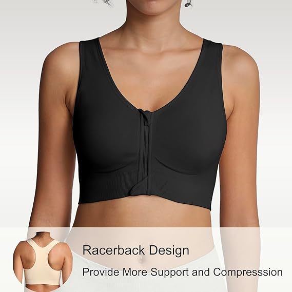 Front Zipper Sports Bras High Impack Post Op Compression Bras for Women Post Surgery Wireless Racerback Yoga Bra